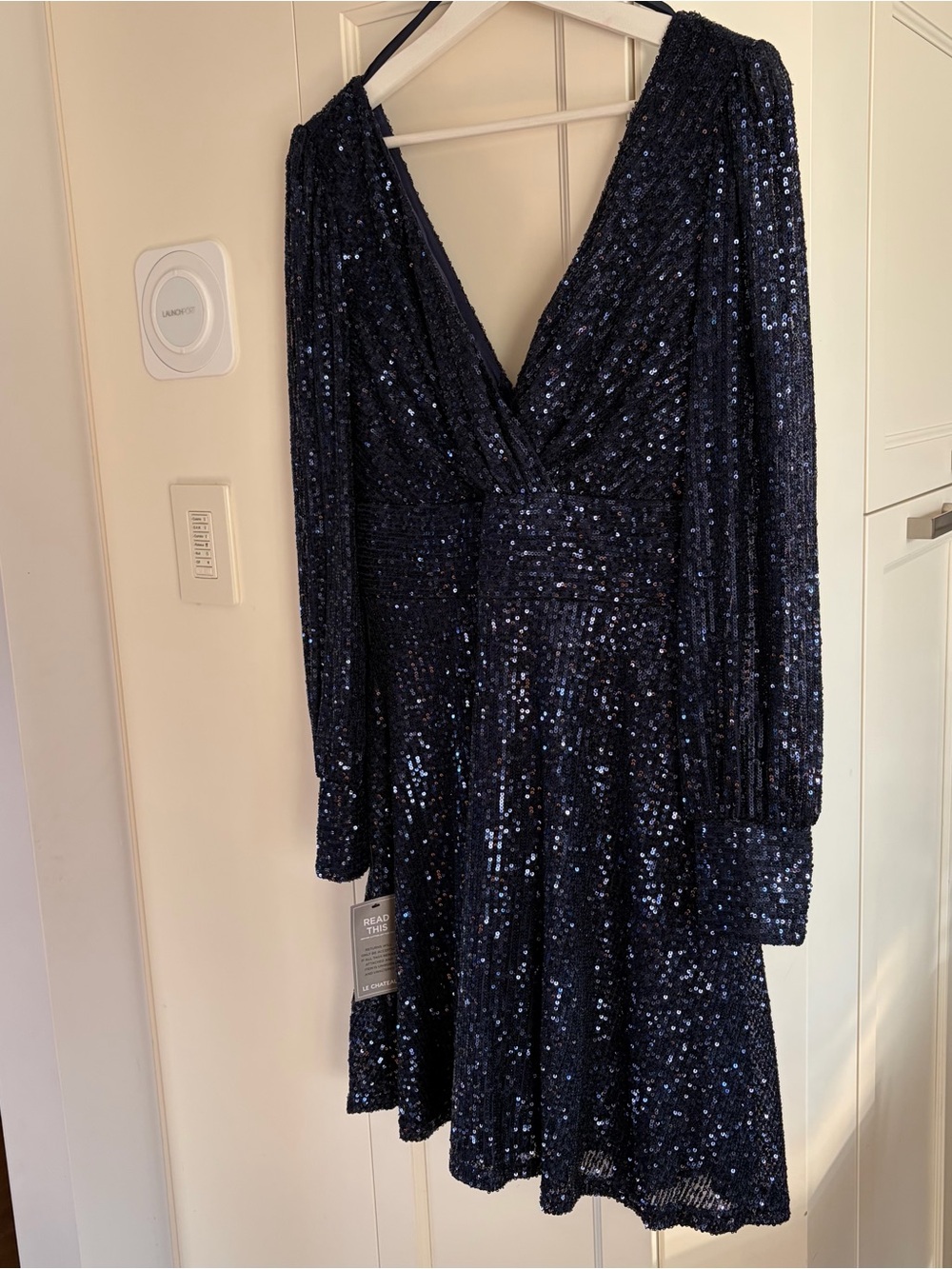 le chateau Navy Sequin V-Neck Long Sleeve Dress - Size M